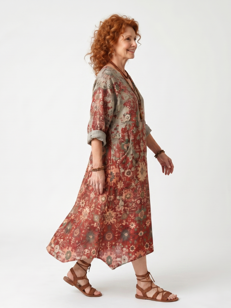 Saffron | Robe Midi Décontractée Motif Mixte avec Poches