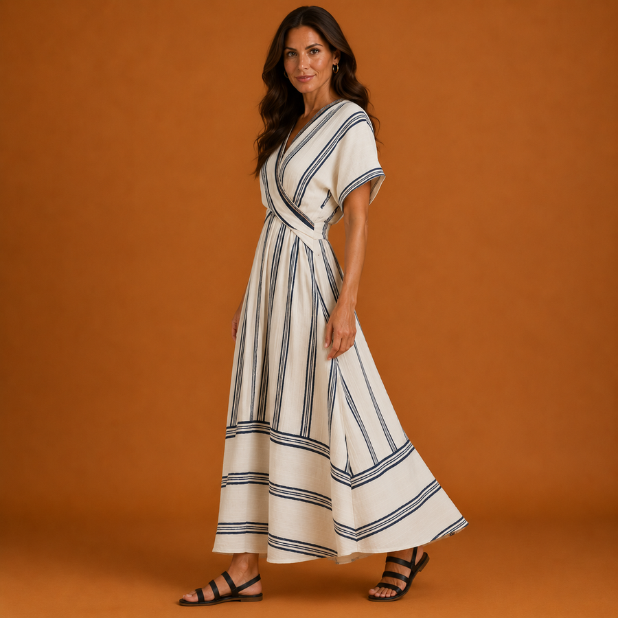 GENEVIEVE | V Neck Short Sleeve Wrap Waist Midi Dress