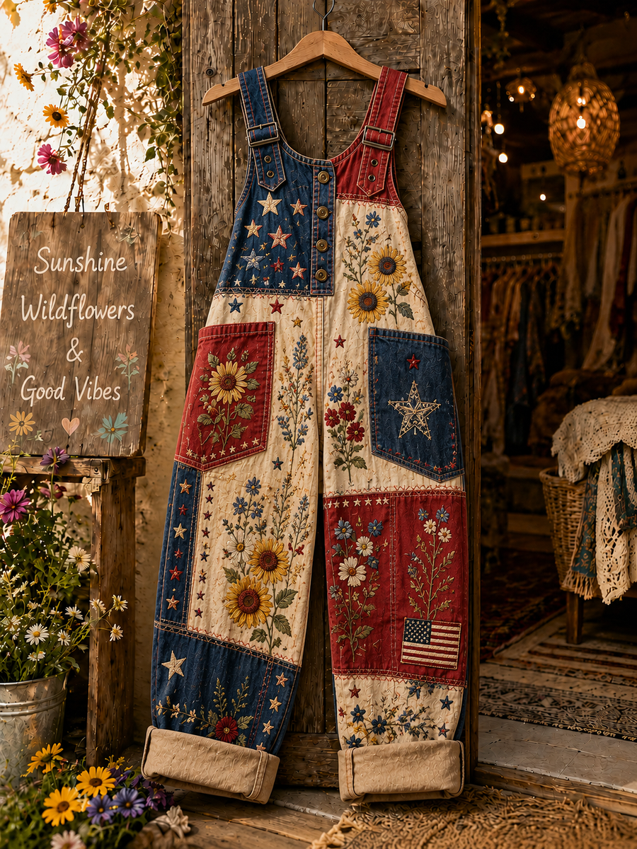 Women's Retro Style Art Print Washed Cotton Denim Patchwork Jumpsuit