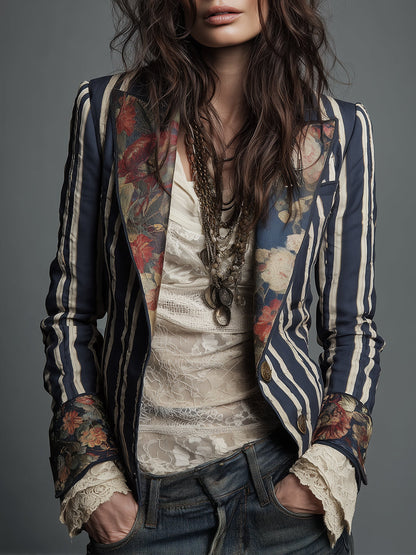 Marina | Boho Floral Print Striped Blazer
