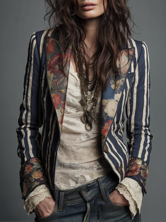 Marina | Boho Floral Print Striped Blazer