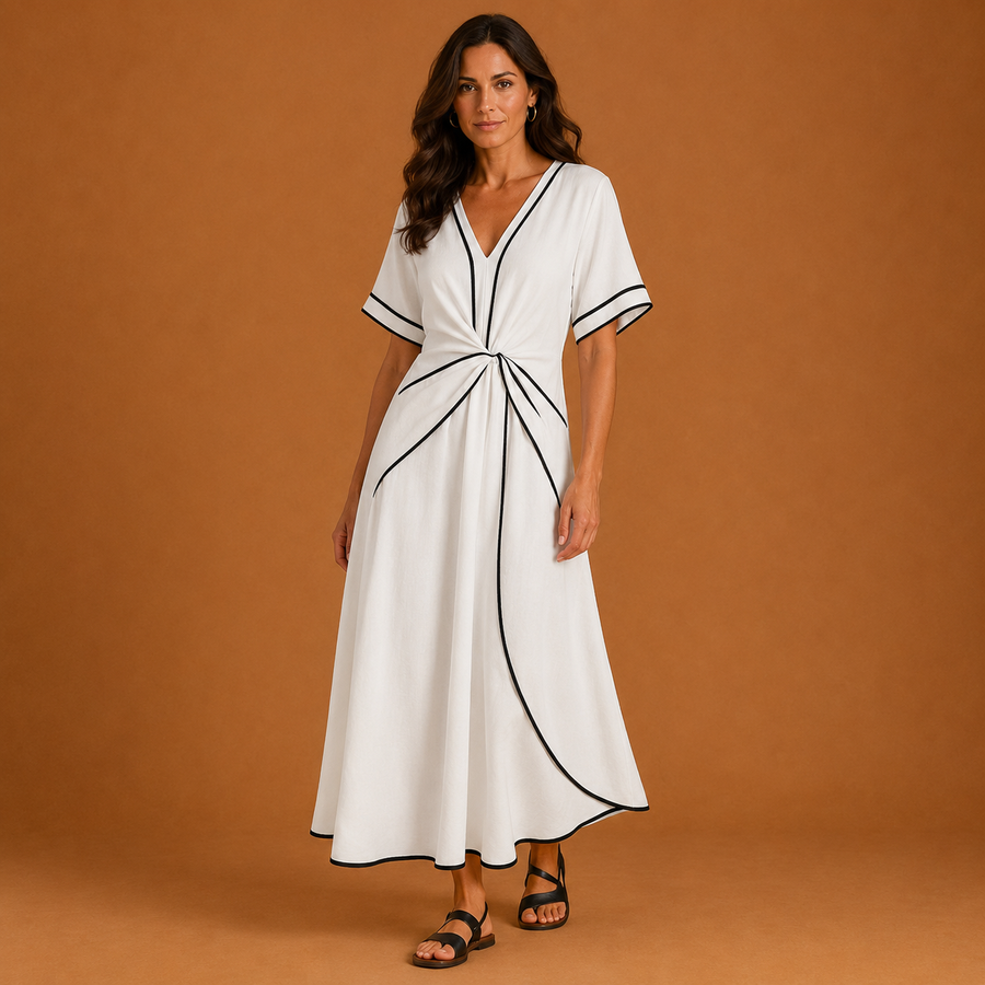 RACHEL | V Neck Short Sleeve Gathered Waist Midi Dress