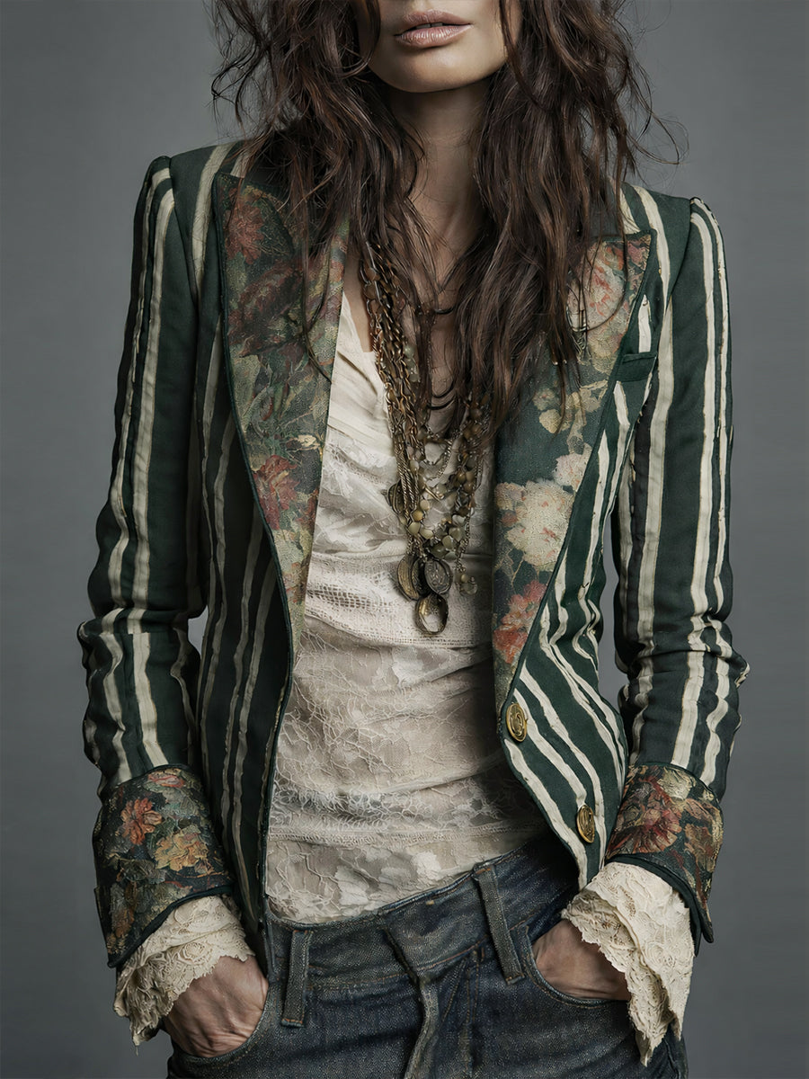 Marina | Boho Floral Print Striped Blazer