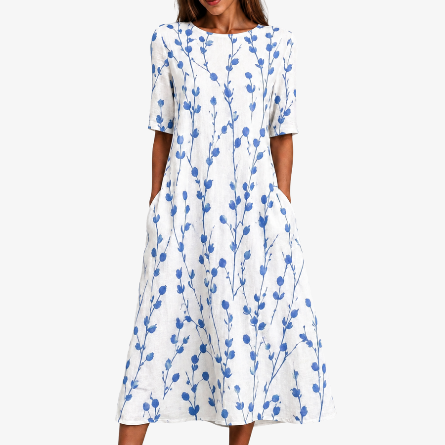 Pocket Blue Meadow Breeze Midi Dress - women's midi dress