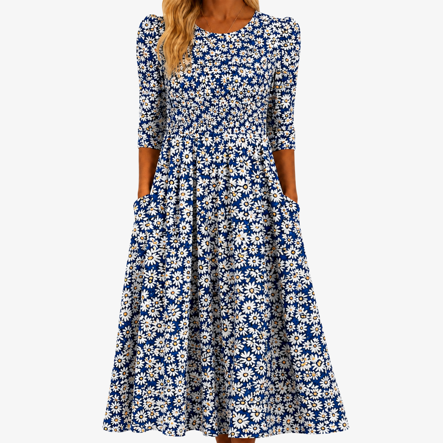 Maxi Pocket Blue Daisy Garden Midi Dress - women's midi dress