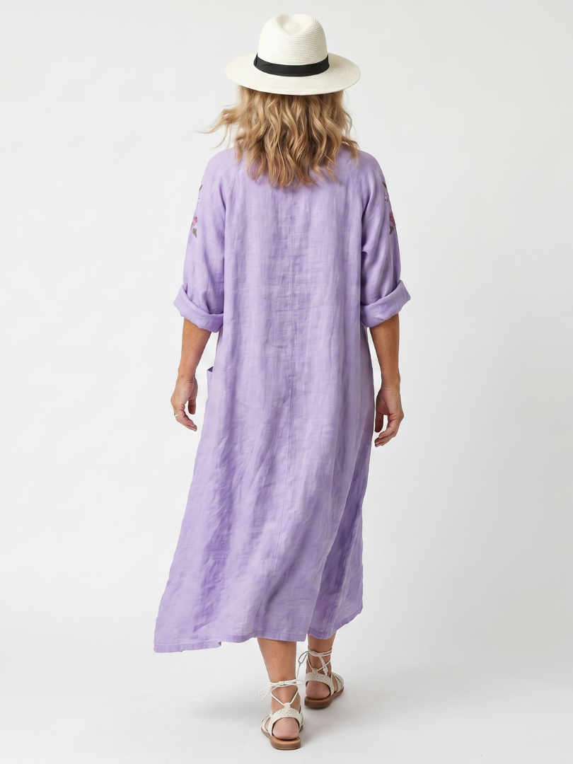 Tavi | Robe Midi Oversize Brodée Fleurs avec Poches