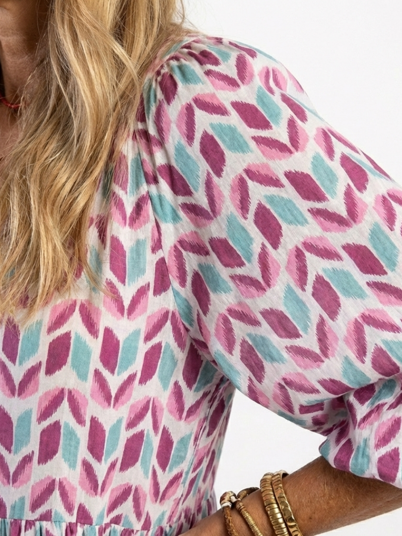 Mireya | Robe Midi à Étages Manches Longues Imprimé Géométrique