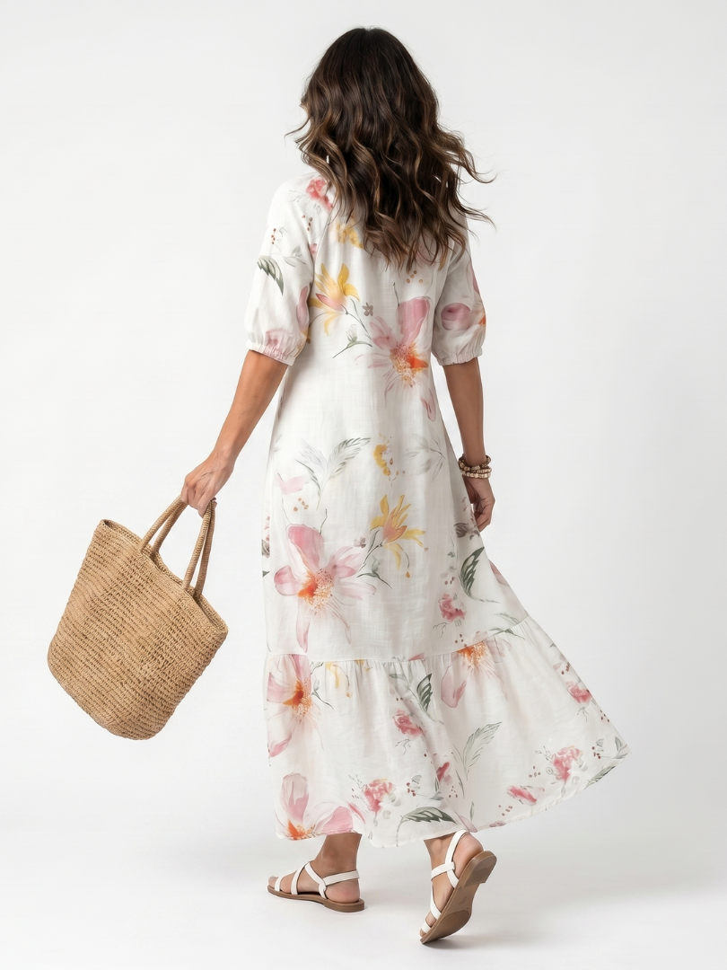 Noa | Robe Midi à Étages et Pompons Imprimé Floral Doux