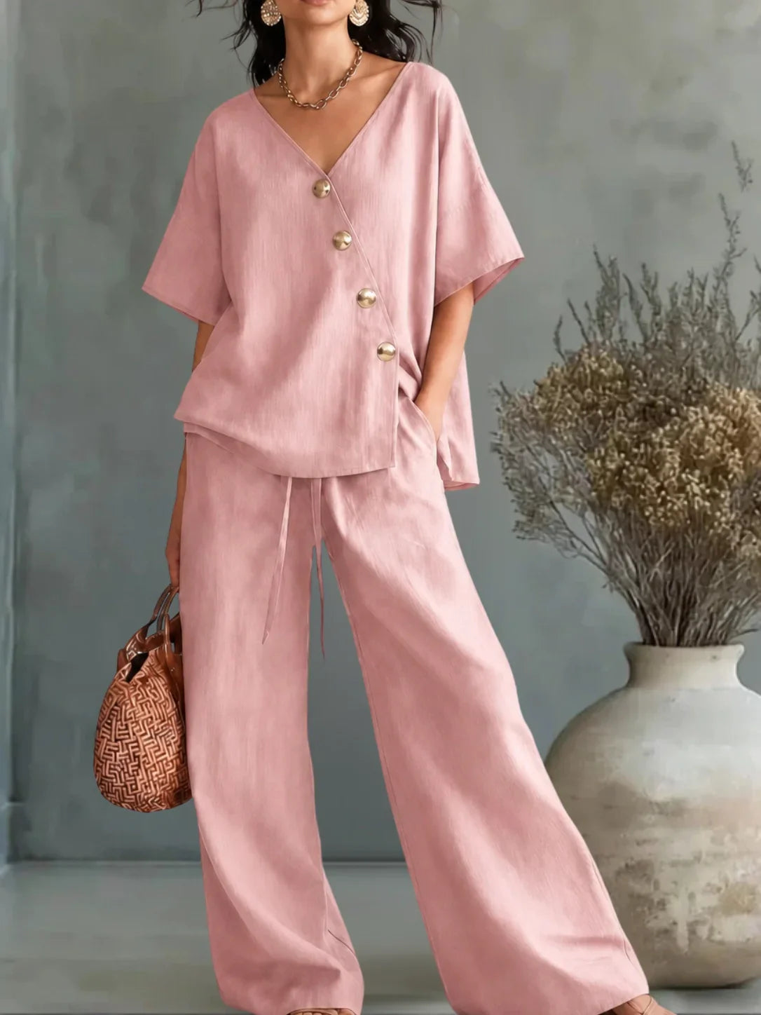 Greta | V-Neck Button Shirt Set