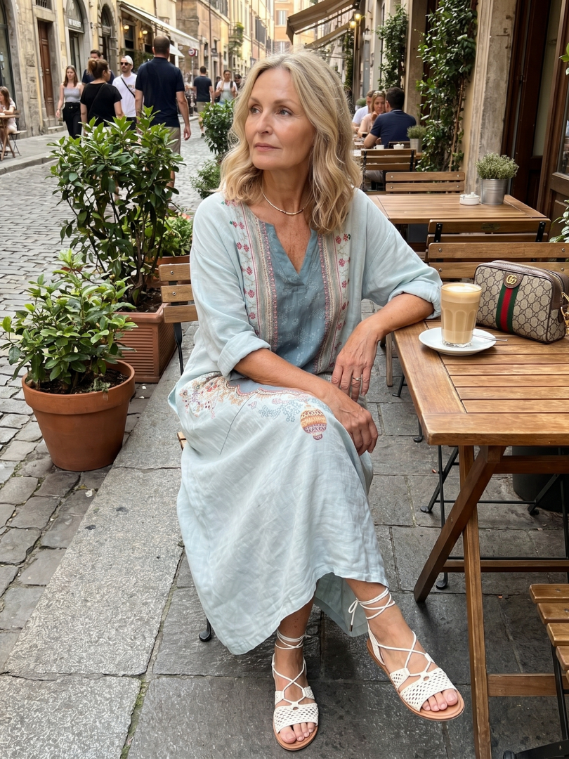 Kassiani | Robe Midi Oversize à Empiècement Brodé Ornemental avec Poches