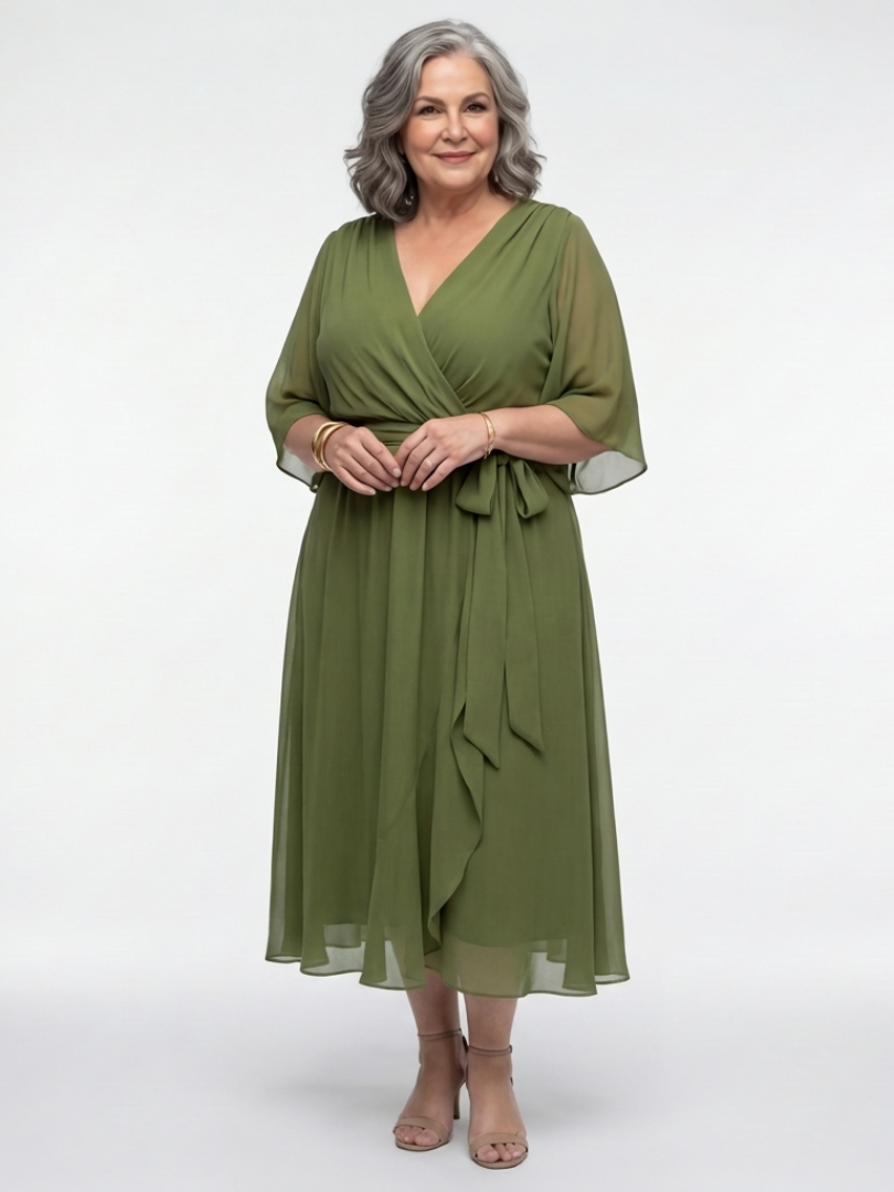 Elysia | Draped V-Neck Tie-Waist Midi Dress
