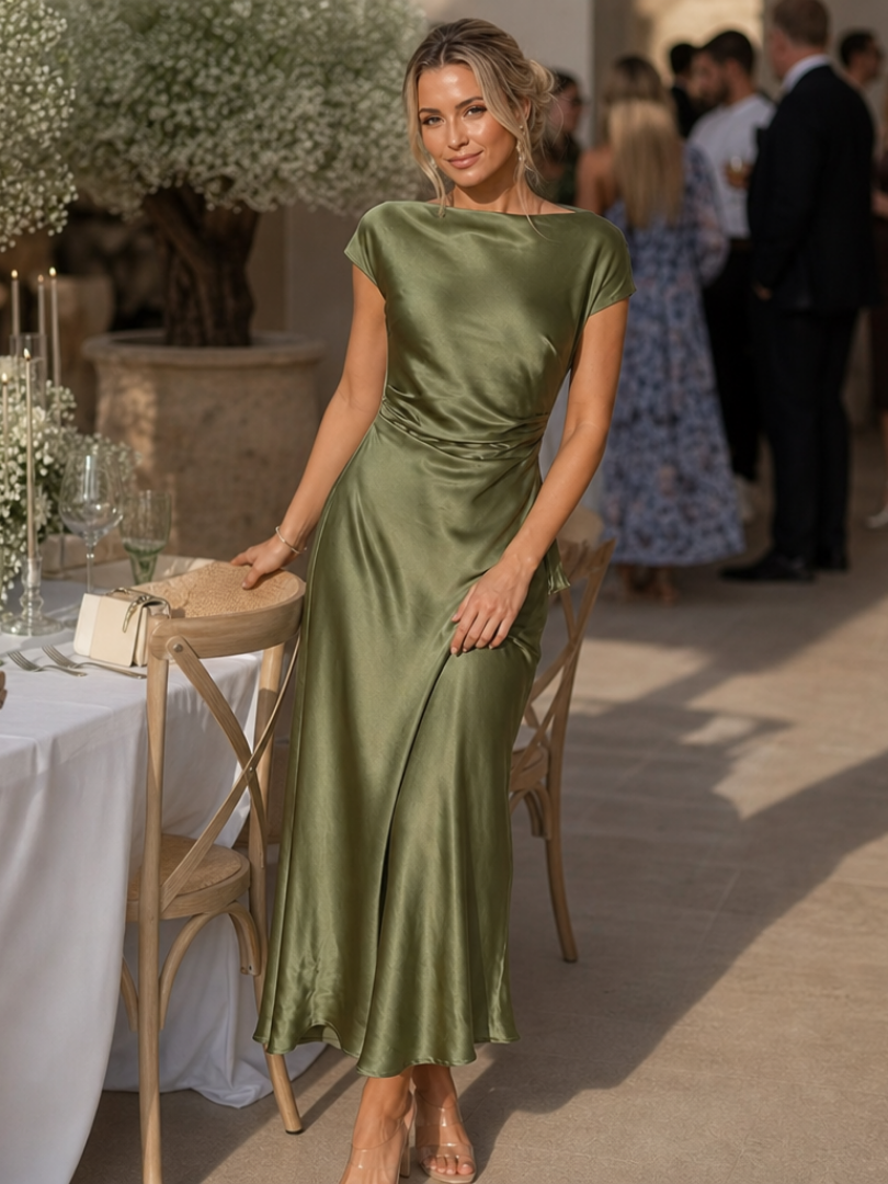 Elure | Short Sleeve Boat Neck Fitted Silhouette Midi Dress