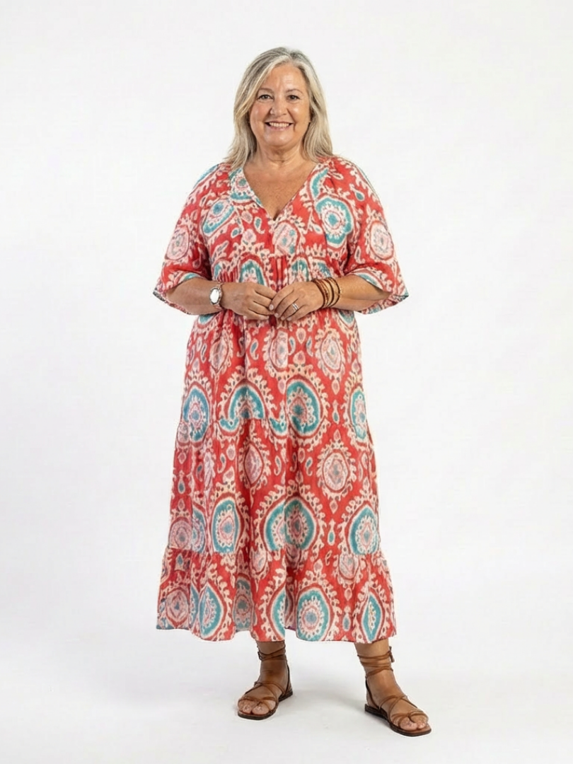 Zaria | Robe Midi à Manches Courtes Col V Imprimé Cachemire