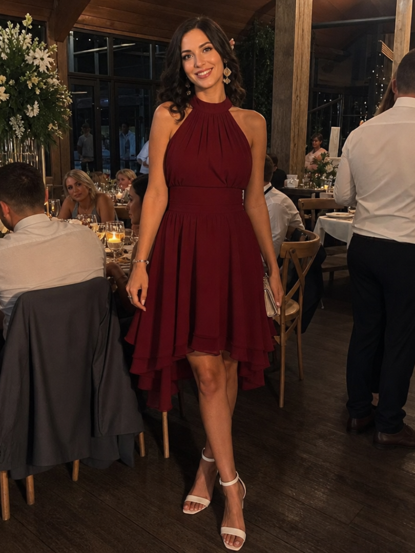 Iyla | Halter Neck Layered Hem Knee Length Dress