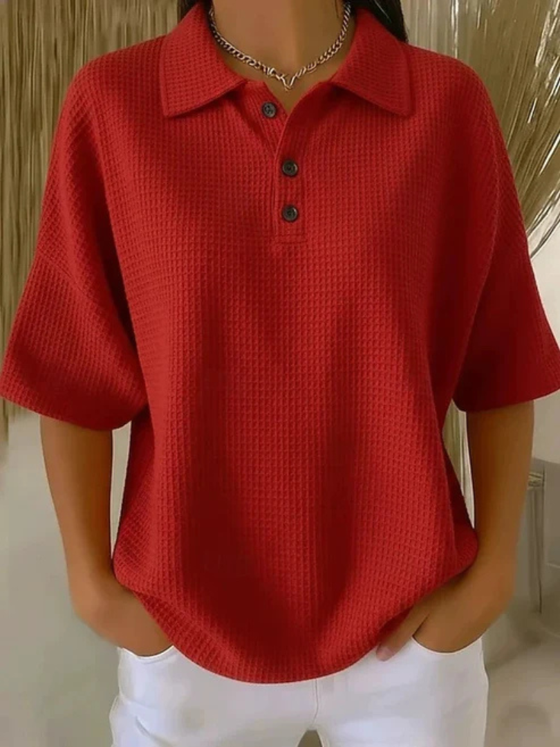 Peggie | Comfortable Waffle Polo Blouse