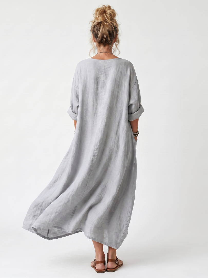 Raina | Robe Midi Oversize à Empiècement Contrastant Brodé avec Poches