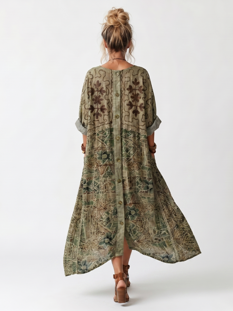 Aleta | Robe Midi Oversize Boutonnée Brodée avec Poches