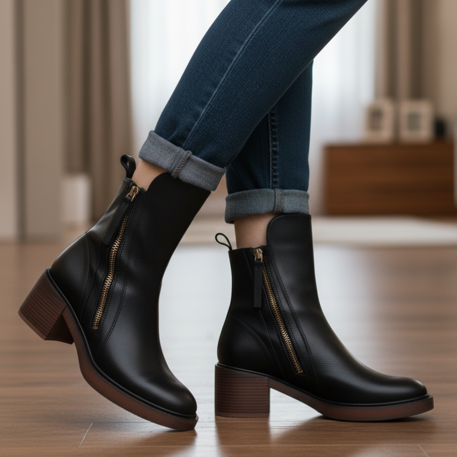Valorine | Timeless Black Leather Boots with a Comfortable Heel