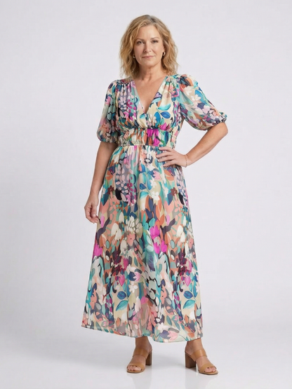 Eulalie | Ruched-Waist Short-Sleeve V-Neck Midi Dress