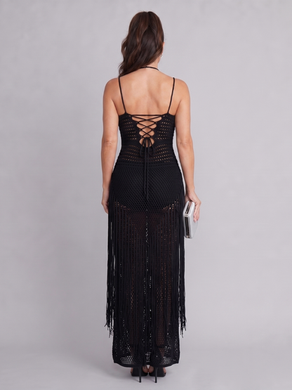 Zephyra | Halter-Neck Crochet Fringe Detail Maxi Dress
