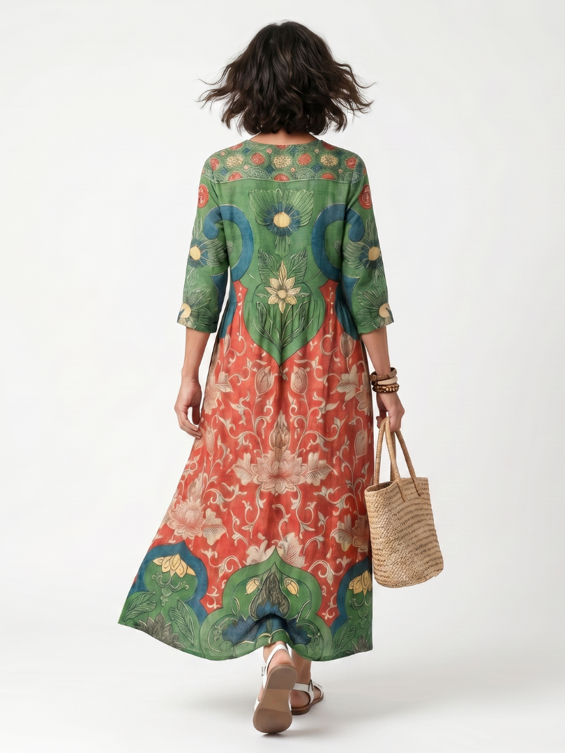 Sloane | Robe Midi à Col V Imprimé Mixte avec Poches