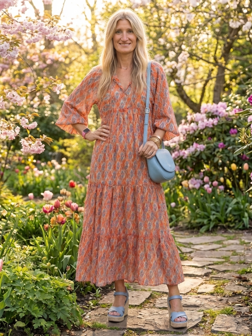 Amara | Robe Midi à Étages Col V Imprimé Géométrique