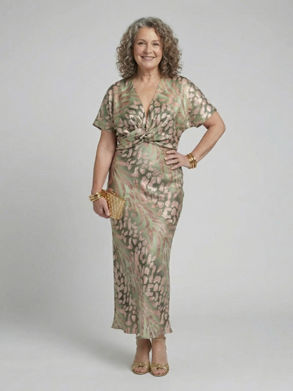 Coralie | Abstract Print V-Neck Cinched-Waist Midi Dress