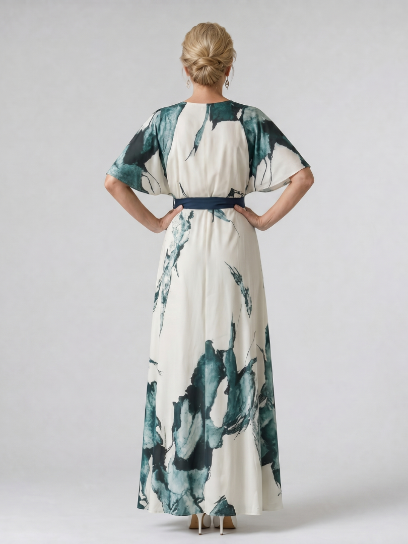 Moglos | Abstract Belted Flutter Sleeve Maxi Dress