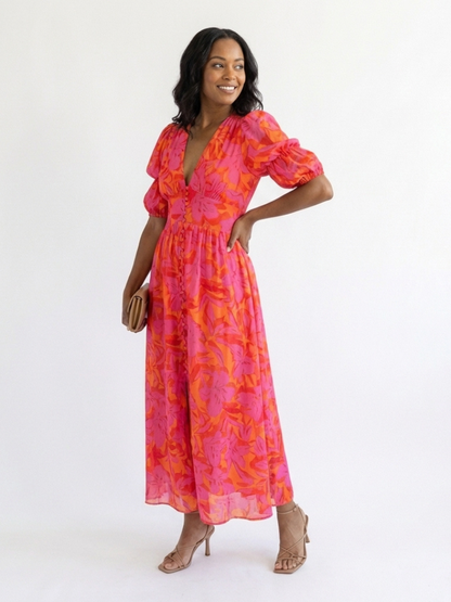 Willow | Floral V-Neck Puff-Sleeve Midi Dress