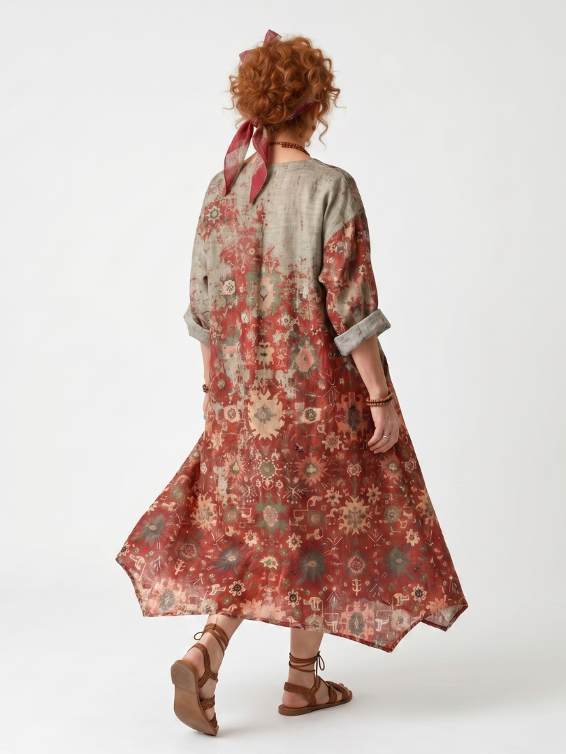 Saffron | Robe Midi Décontractée Motif Mixte avec Poches