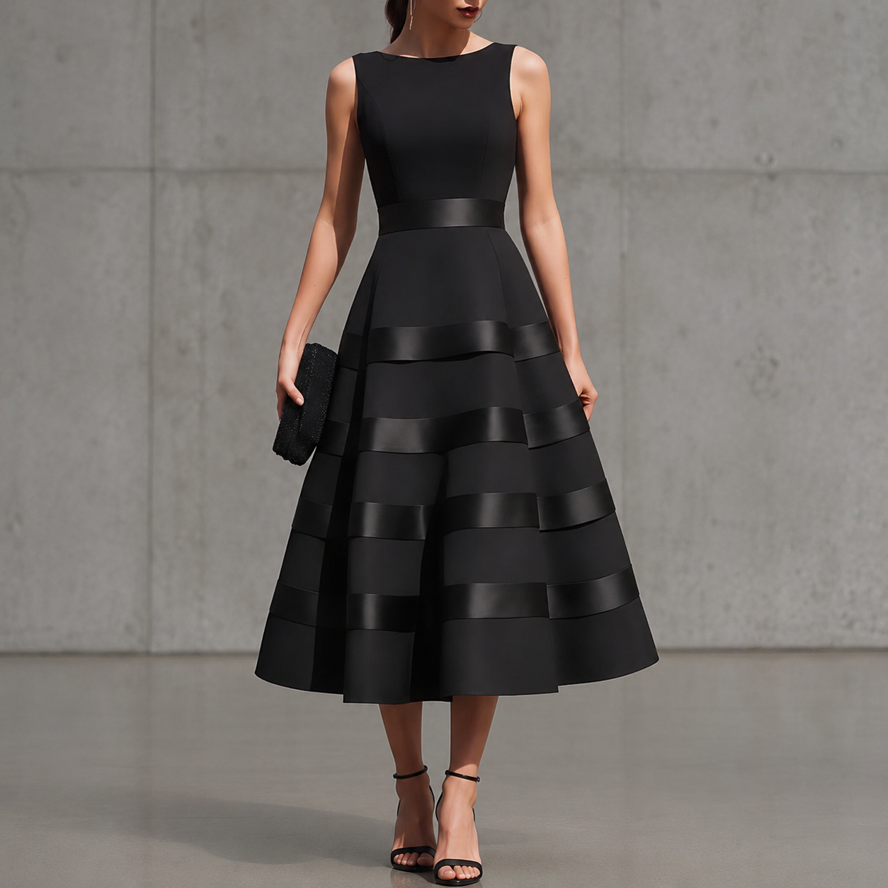 Annabella | Black Sleeveless Midi Dress with Flared Skirt and Defined Waist