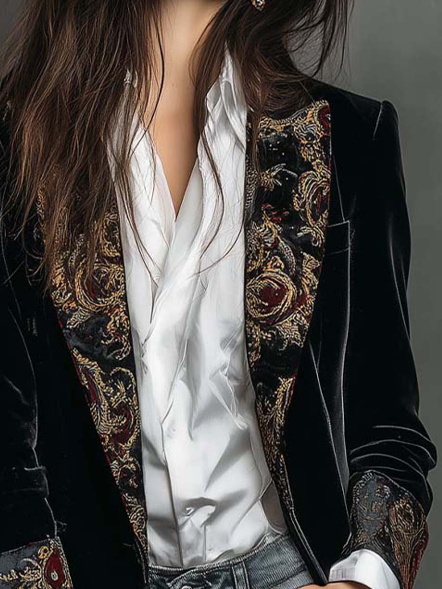 Dahlia | Black Baroque Print Lapel Slim Fit Blazer
