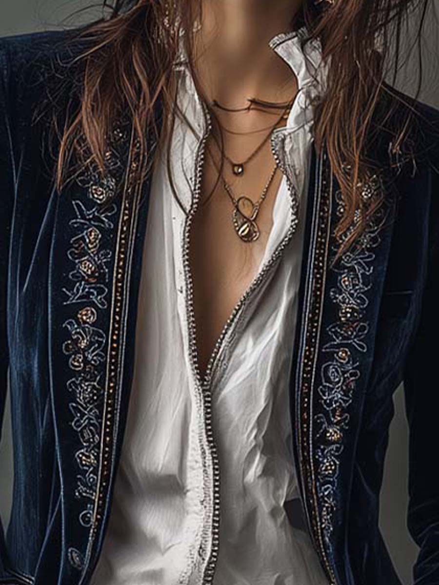 Mira | Vintage Navy Embroidered Longline Jacket