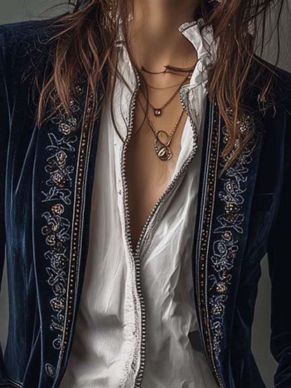 Mira | Vintage Navy Embroidered Longline Jacket