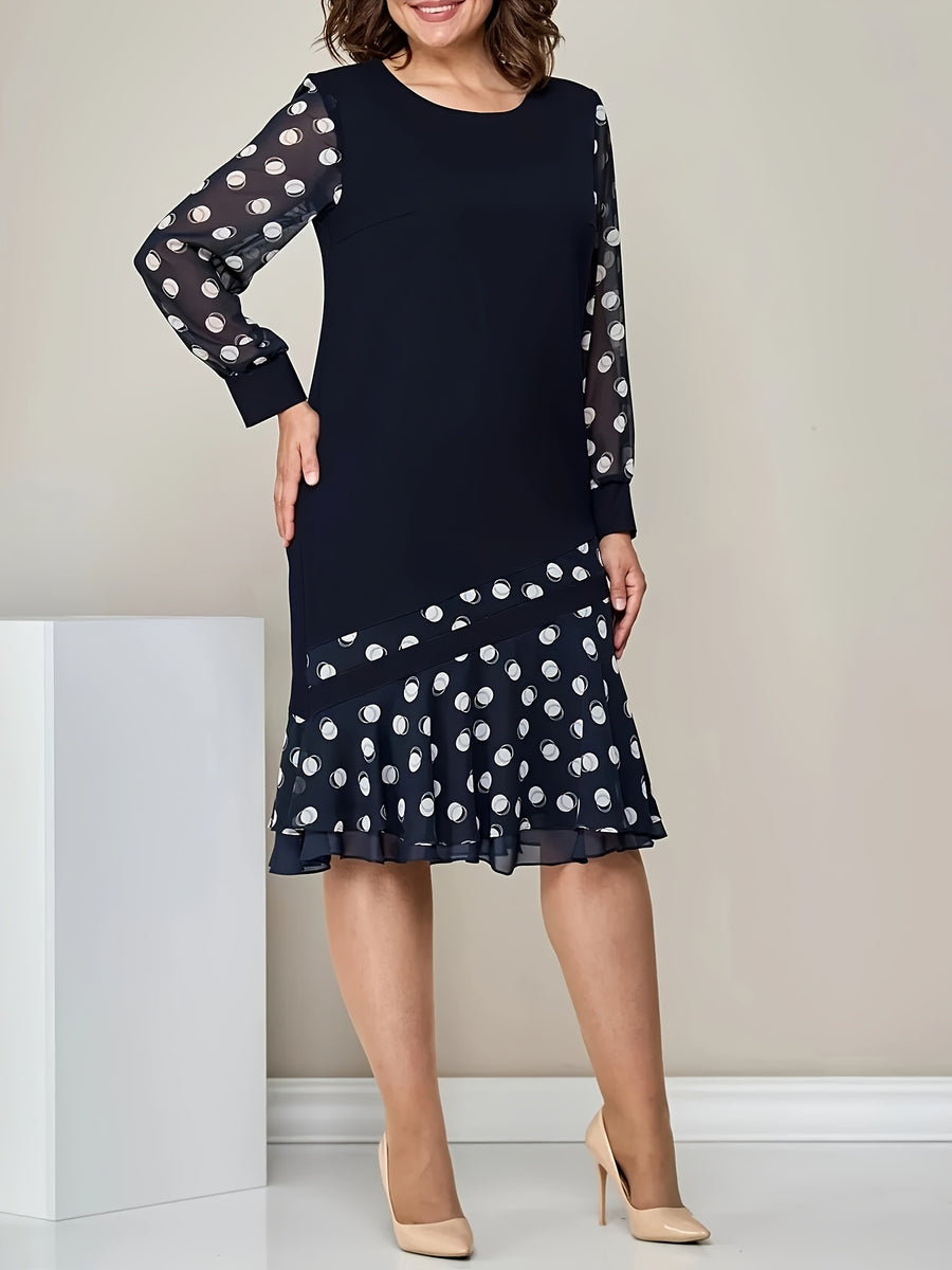 Vivienne | Navy Patchwork Polka Dot Midi Dress