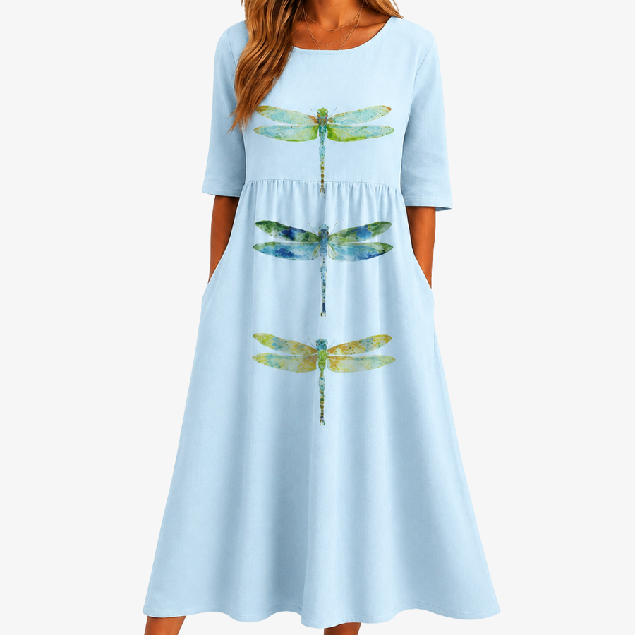 Pocket Sky Meadow Dragonfly Midi Dress - women's midi dress