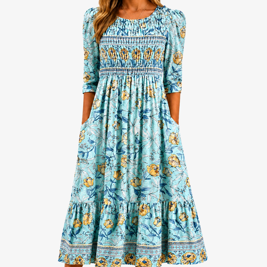 Smockée Golden Bloom Garden Midi Dress - women's midi dress