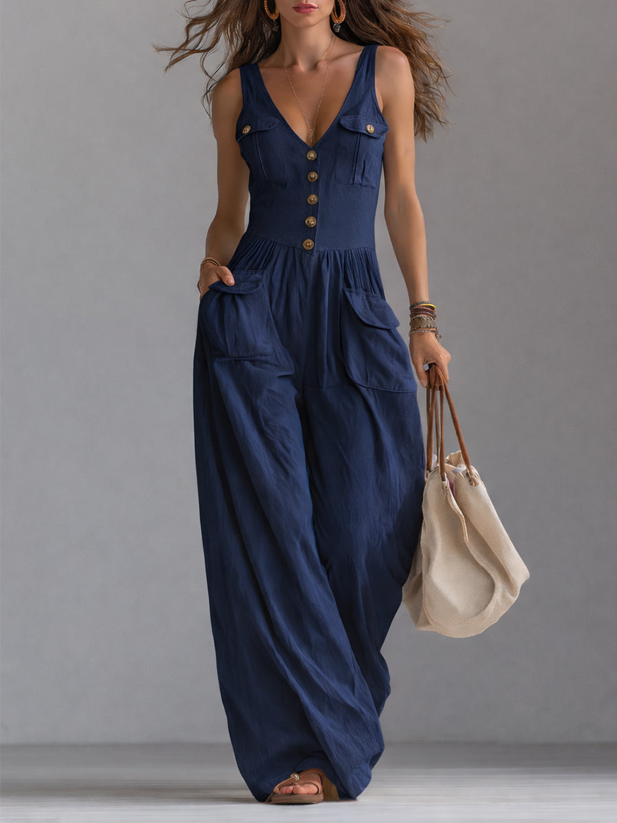Wide-Leg Sleeveless Jumpsuit with Pockets