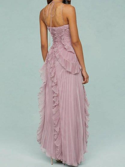 Ruth | Pleated Suspender Maxi Dress with Slits