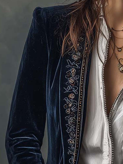Mira | Vintage Navy Embroidered Longline Jacket
