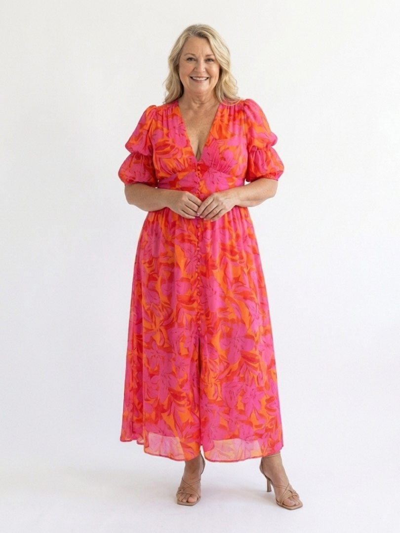 Willow | Floral V-Neck Puff-Sleeve Midi Dress