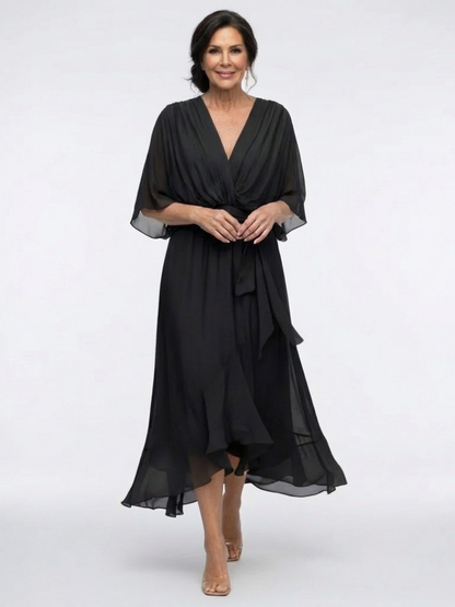 Elysia | Draped V-Neck Tie-Waist Midi Dress