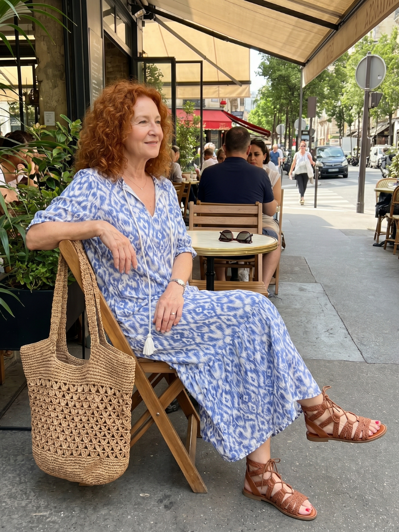 Ottoline | Robe Midi Imprimée à Col Noué avec Pompons