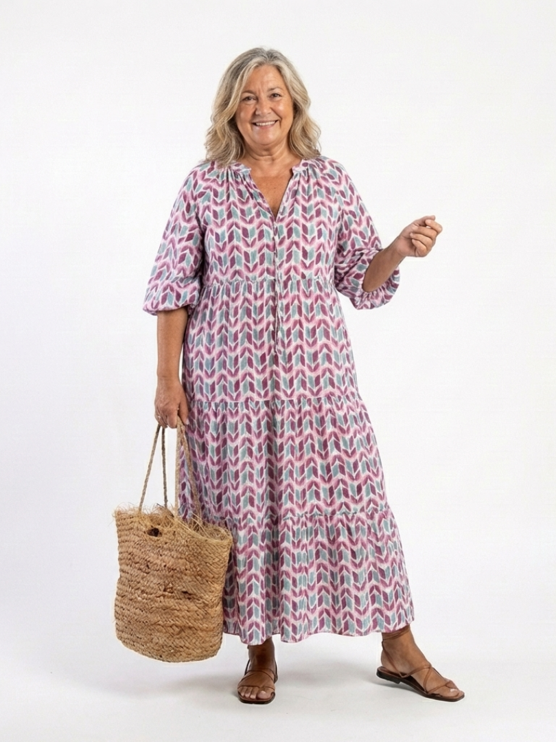 Mireya | Robe Midi à Étages Manches Longues Imprimé Géométrique