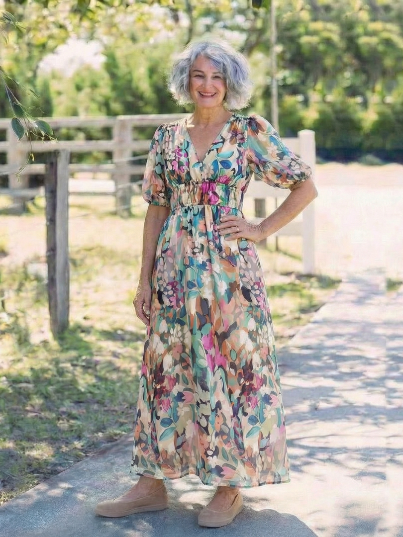 Eulalie | Ruched-Waist Short-Sleeve V-Neck Midi Dress
