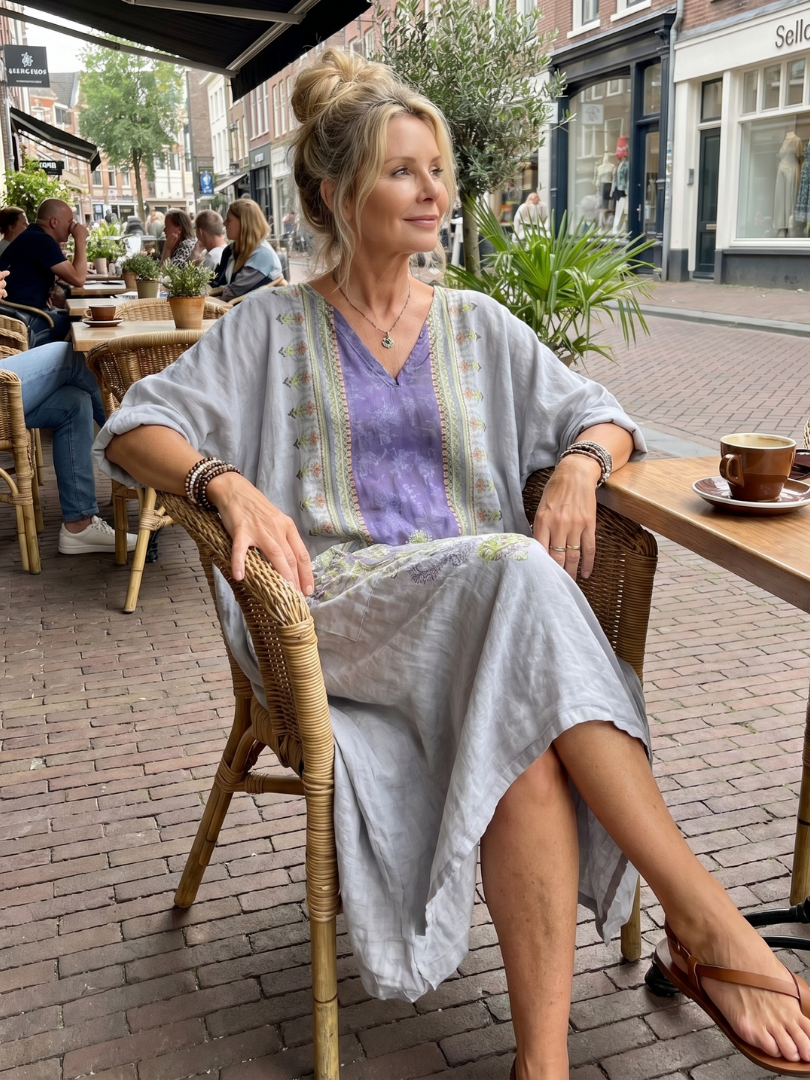 Raina | Robe Midi Oversize à Empiècement Contrastant Brodé avec Poches