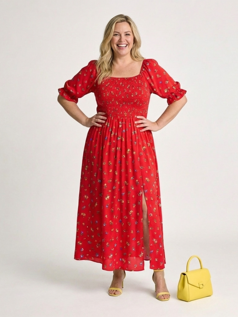 Delphine | Square-Neck Floral Print Midi Dress