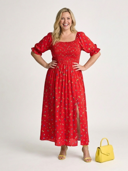 Delphine | Square-Neck Floral Print Midi Dress