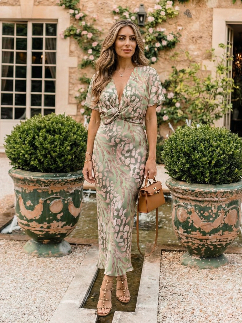 Coralie | Abstract Print V-Neck Cinched-Waist Midi Dress