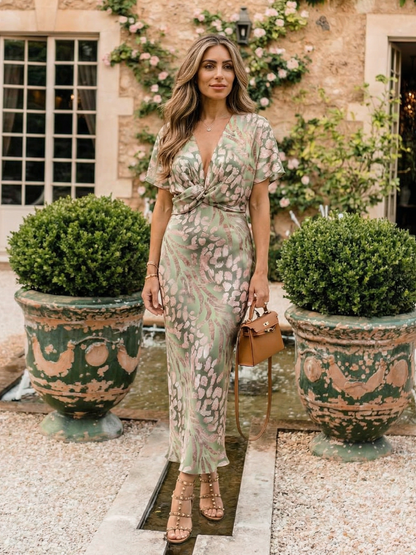 Coralie | Abstract Print V-Neck Cinched-Waist Midi Dress